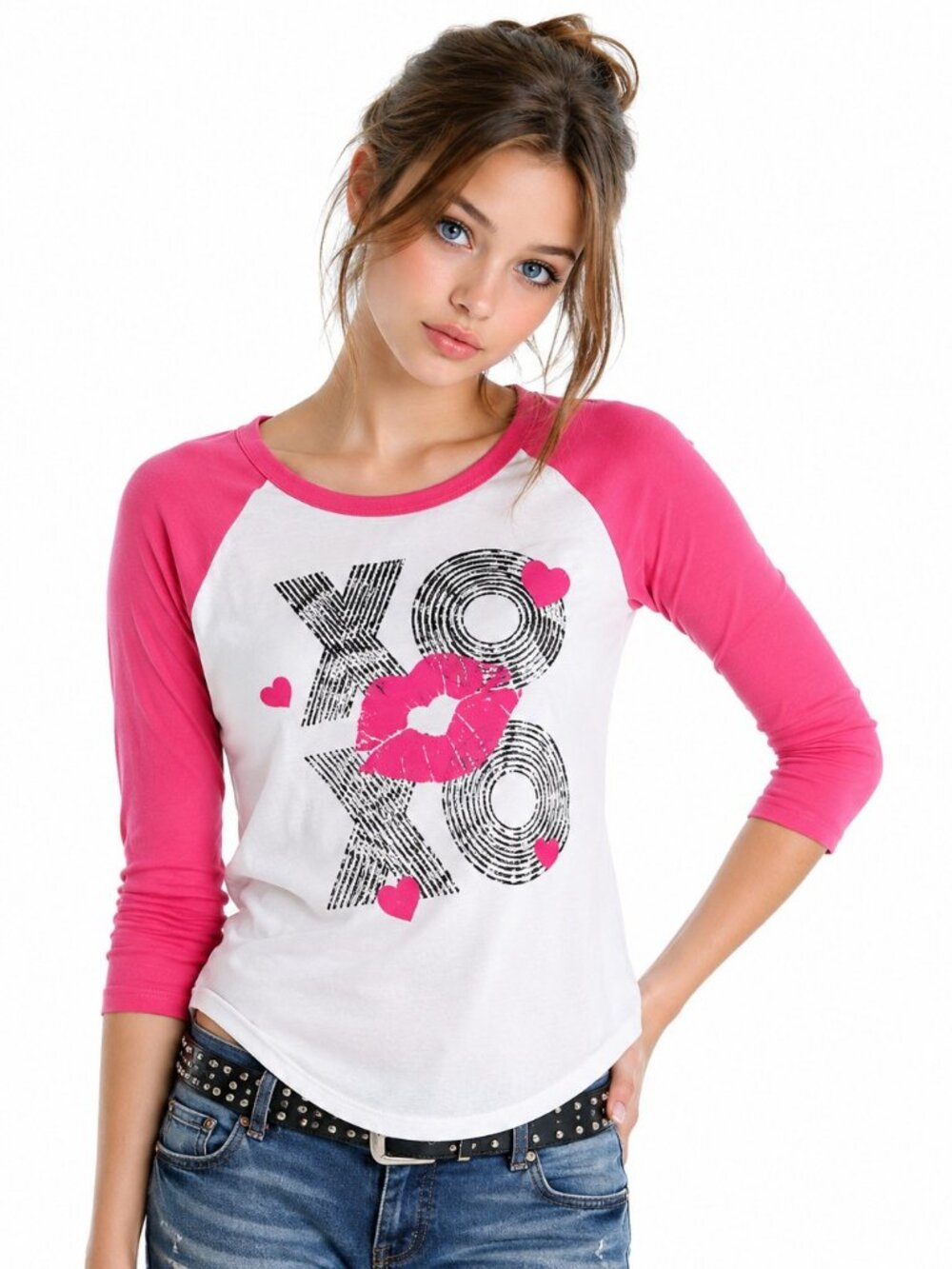 Vintage Y2K Rocker Girl XO Raglan Graphic Tee White Pink Hearts Juniors Size 3/5